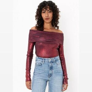 Zara Off The Shoulder Foil Knit Metallic Top Size small